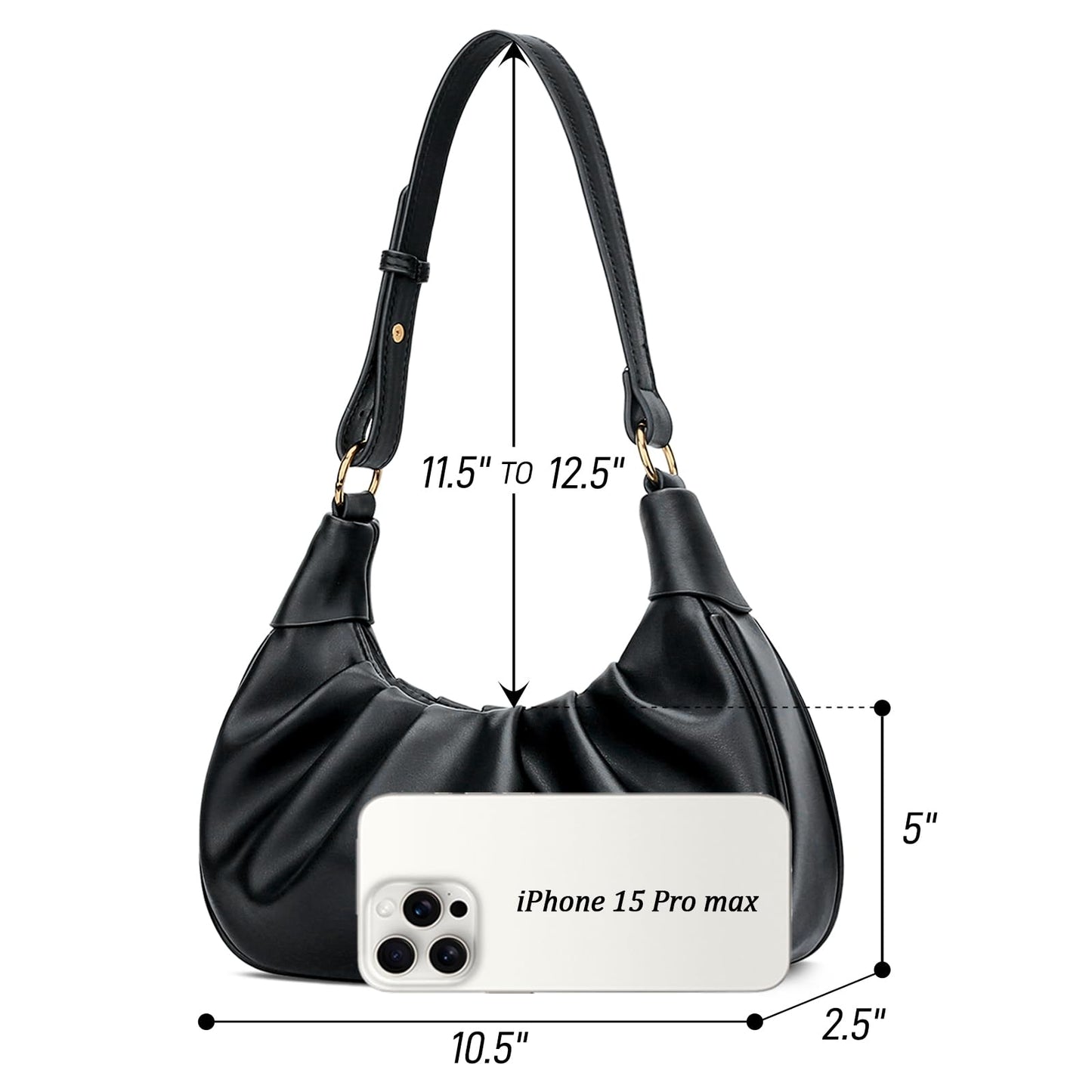 KKXIU Shoulder Bag Crescent Handbag Ruched Purse Underarm Bag Mini Hobo for Women, Detachable Gold Chain Crossbody Bag - Black