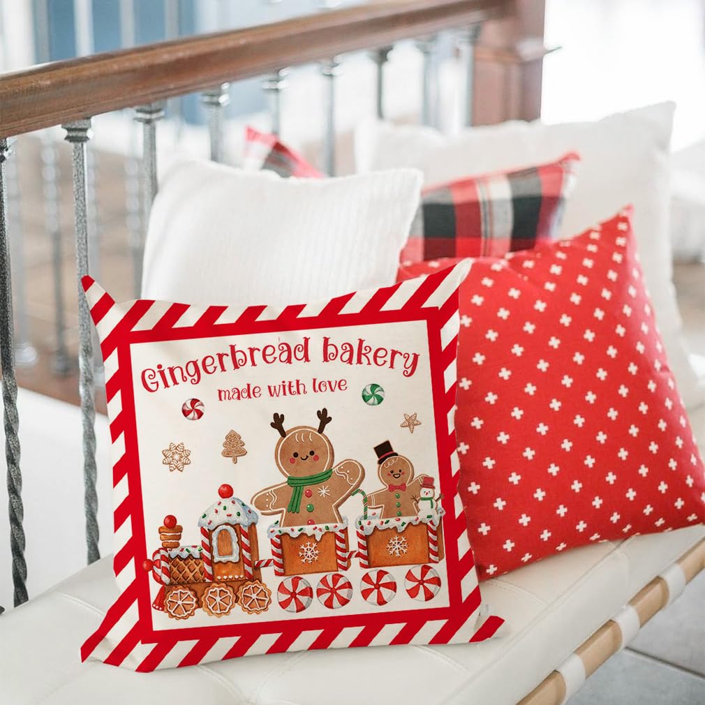 PANDICORN Christmas Pillow Covers 16x16 Set of 4 Gingerbread Man House Candy Cane Christmas Decorations Hot Cocoa Red Green Winter Holiday Decorative Throw Pillow Case for Home Couch Bedroom Decor