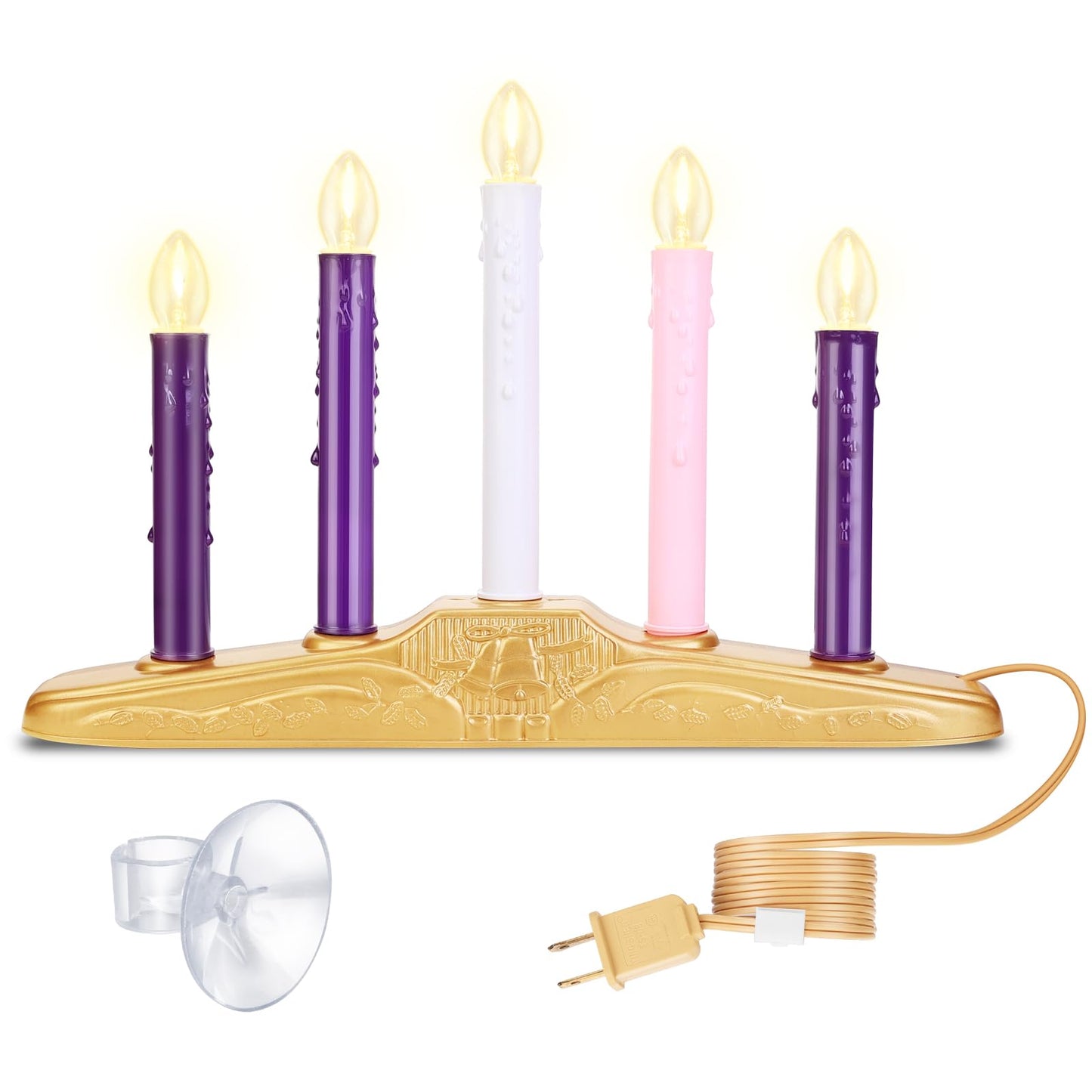 AFOROEOA 5 Light Christmas Electric Window Candles, Christmas Flameless Advent Candle Set with Purple Pink White Taper Candles 5 Bulbs 3ft Wire E12 Candelabra Base Window Candle for Home Table Decor