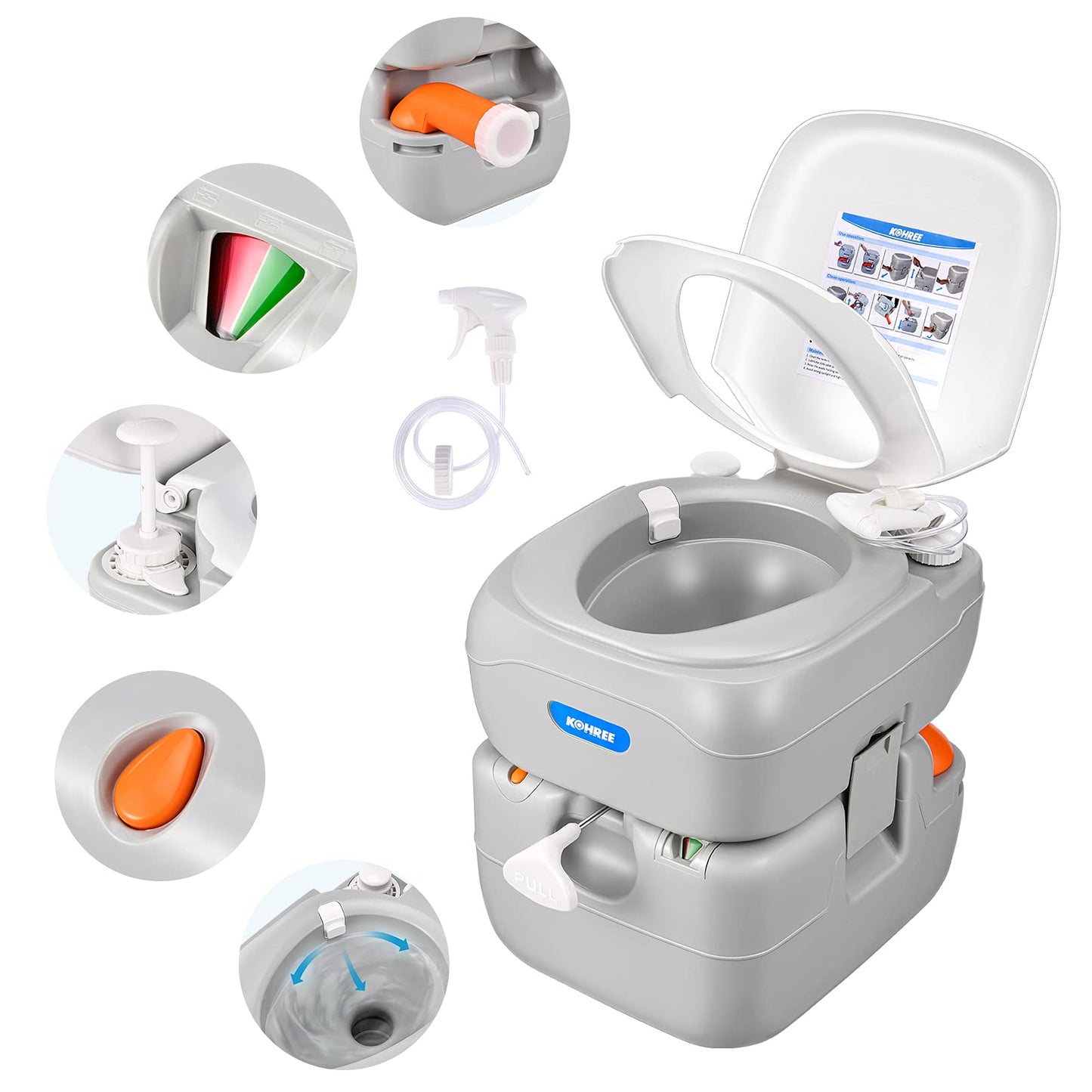 Kohree 5.8 Gal Portable Toilet for Adults: Large Camping Toilet with Detachable Waste Tank, Leak-Proof Cassette with Level Indicator, Flushable Boat Porta Potty for Home Use, Camper, RV Travel