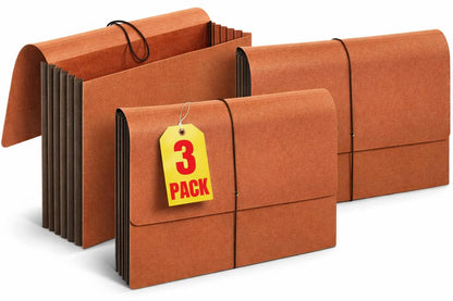 1InTheOffice Expanding File Folder with Flap and Cord Closure, 5-1/4" Expansion, Letter Size, Wallet Redrope, 3 Pack
