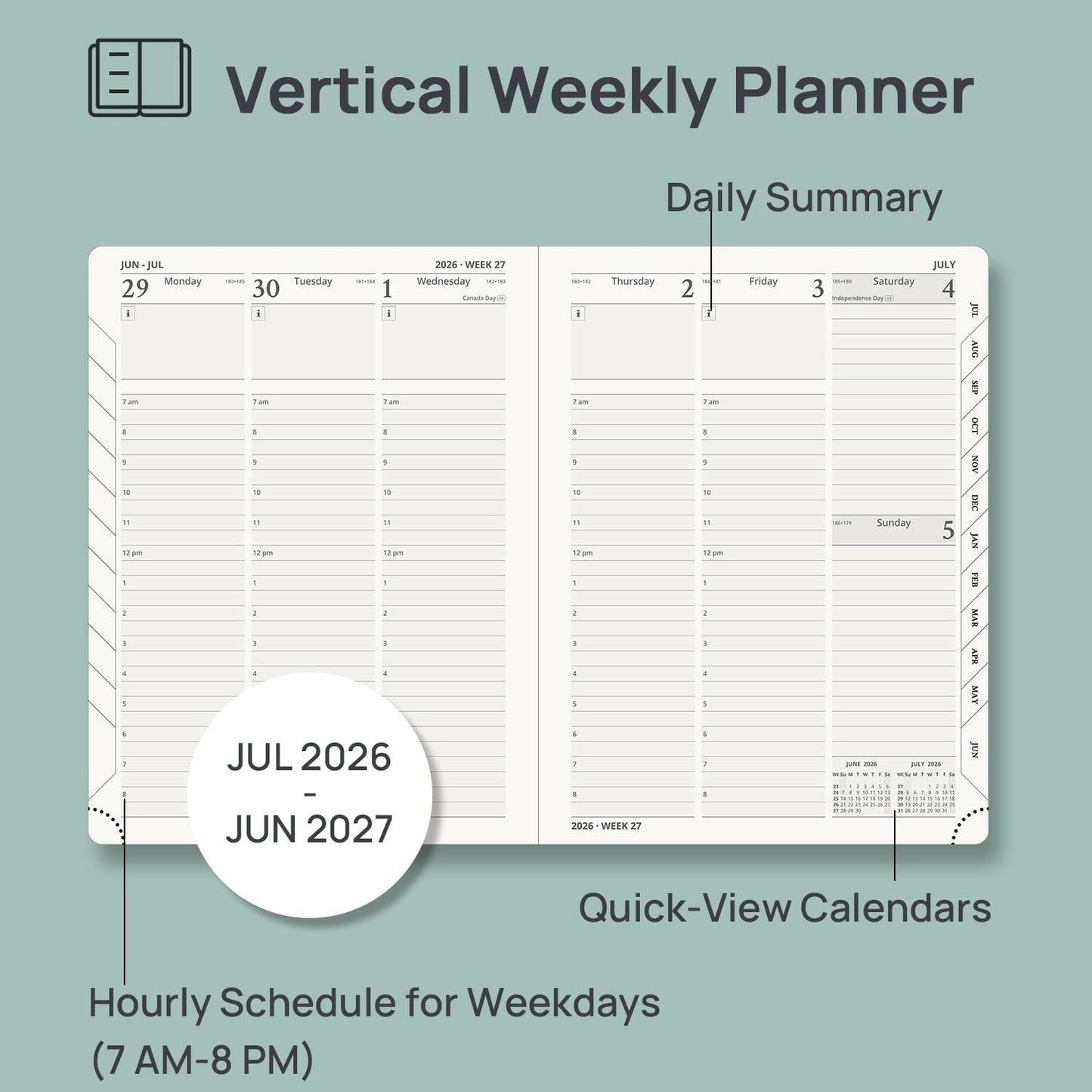 POPRUN Planner 2026-2027, 6.5" x 8.5", Academic Planner 2026-2027 Weekly and Monthly (July 26-June 27) Hourly Appointment Book with Inner Pockets, Leather Soft Cover, 100GSM - Navy Blue