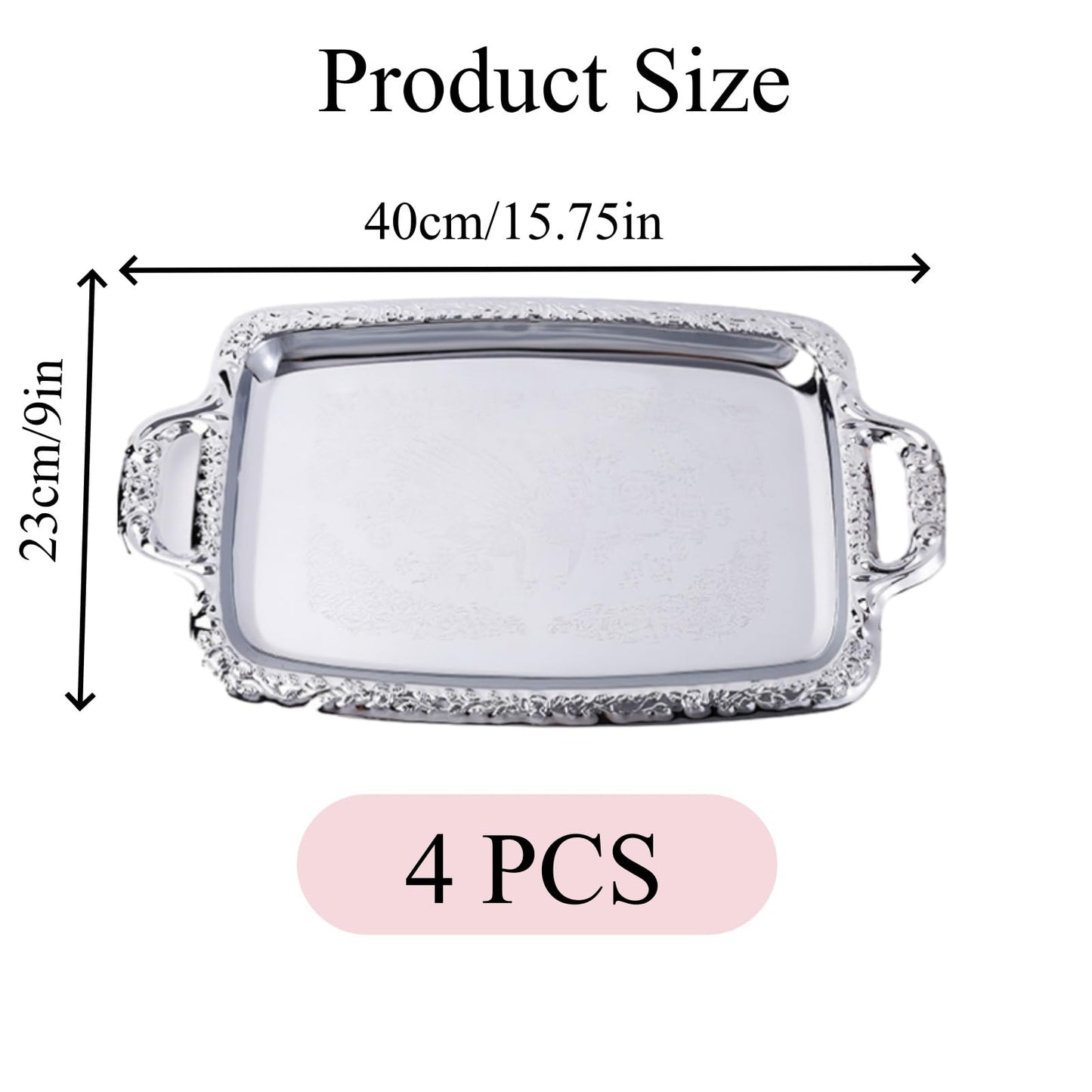 CiCixixi 4-Pack 15.75" x 9" Large Silver Serving Trays with Handle Floral Engraved Stainless Steel Platters for Buffet Wedding Party Jewelry Decorative Mirror Tray for Christmas