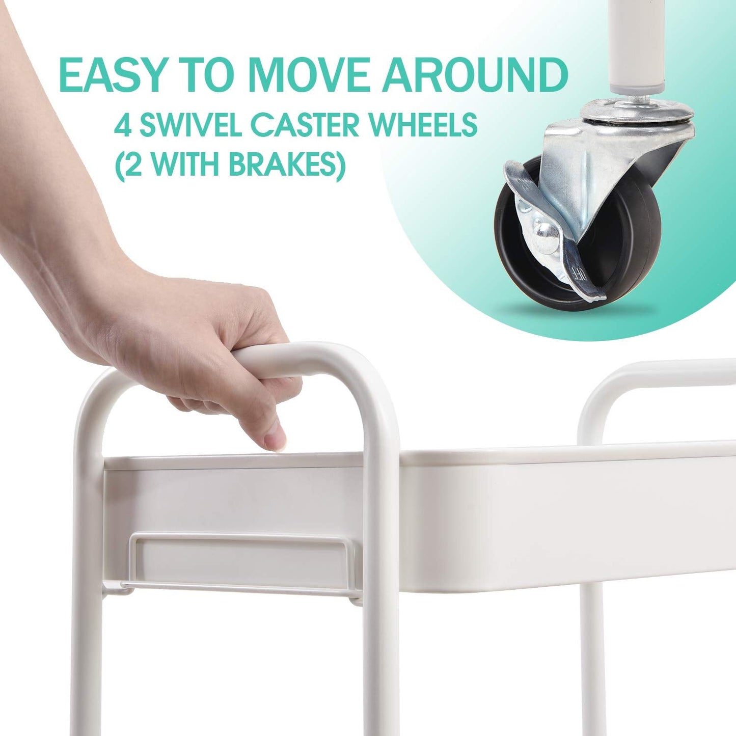 TOOLF 3-Tier Rolling Cart - Metal Utility Storage Organizer with Lockable Wheels, 33 lbs Per Shelf, Tool-Free 5-Min Assembly, for Kitchen Bathroom Office Nursery Craft Room, White