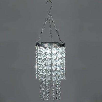 Hanging Solar Crystal Chandelier Outdoor, 21” Modern Solar Transparent Acrylic Beaded Lantern with Cool White LED S Hooks for Garden Yard Patio Gazebo Outside Decor
