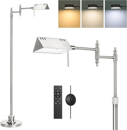 Dimmable Pharmacy Floor Lamp with Remote, 15W LED Reading Floor Lamp with 360°Swing Arm, 3 Color Temperature, Height Adjustable Silver Standing Task Lamp for Living Room, Bedroom, Brushed Nickel