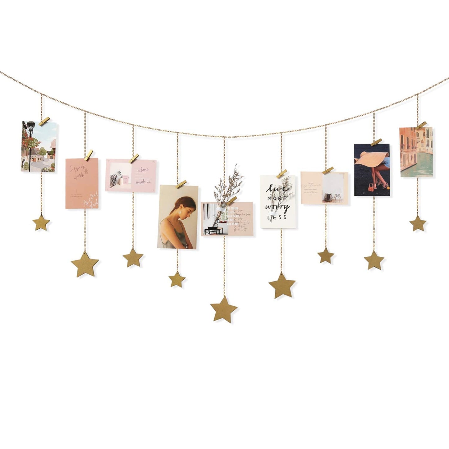 Mkono Hanging Photo Display Boho Decor Wooden Stars Garland with Metal Chains, Pictures Cards Holder with 25 Wood Clips, Wall Art for Christmas Living Room Bedroom Dorm Decor, Teen Girls Gift, Gold