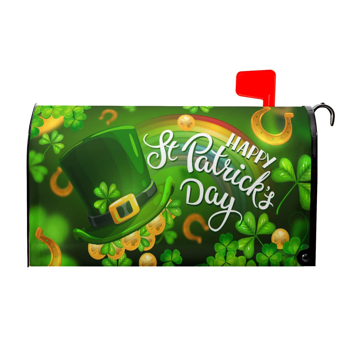 Happy St. Patrick's Day Shamrock Clovers Rainbow Green Hat Mailbox Cover - Magnetic, Standard Size 18" X 21"