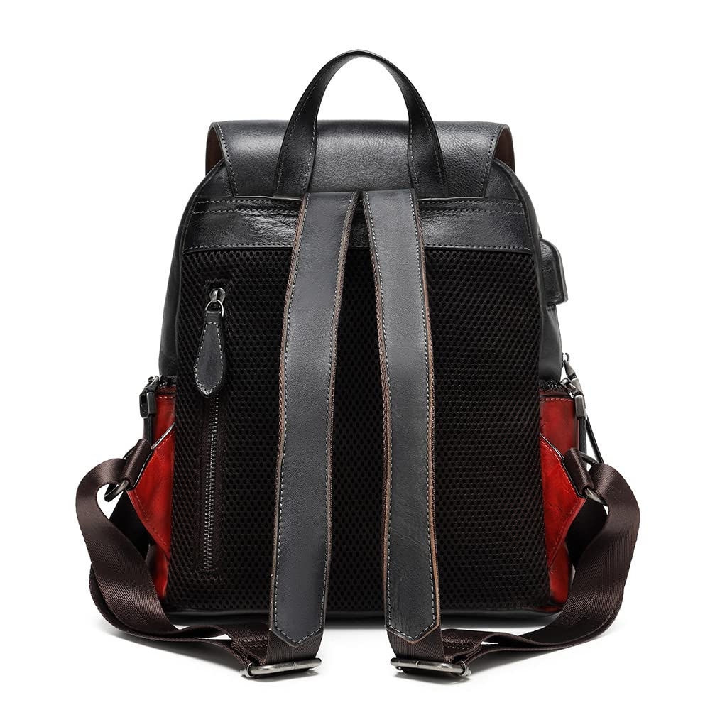 Leather Backpack for Women Organizer Retro Vegetable Tanning leather bag Vintage Embossing Totem (black)