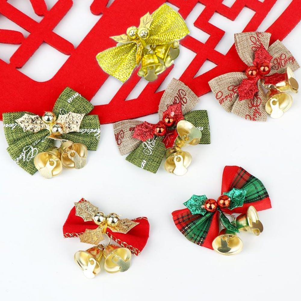 Yxtwaeh 48 Pcs Christmas Mini Bows with Bells 2 Inch Christmas Tree Ribbon Bows with Bell Hanging Decorations for Tree Wreaths Gift Wrapping, 6 Styles