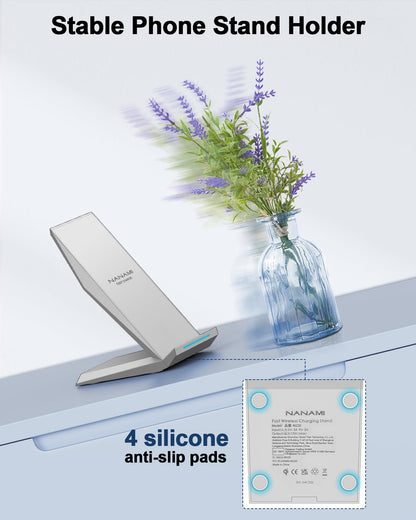 Fast Wireless Charger, NANAMI 15W Qi Certified Wireless Charging Stand Compatible iPhone 17/17 Air/16/15/15 Pro/15 Plus/15 Pro Max/14/13/12, for Samsung Galaxy S25/S24/S23/S22/S21 and Qi-Enabled Phone
