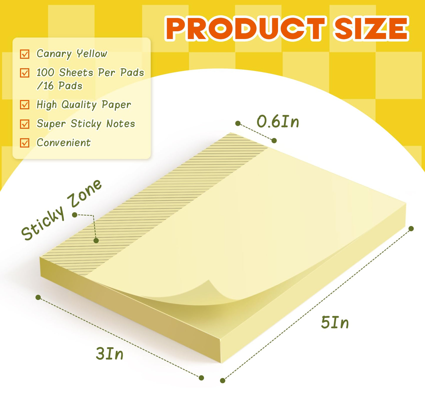 16 Pads Large Sticky Notes Yellow, 3 x 5 Inch Self-Stick Note Pads, 100 Sheets/Pad, Super Sticking Power, Clean Removal, Recyclable Memo Pads for Office, School, Home, and Meetings