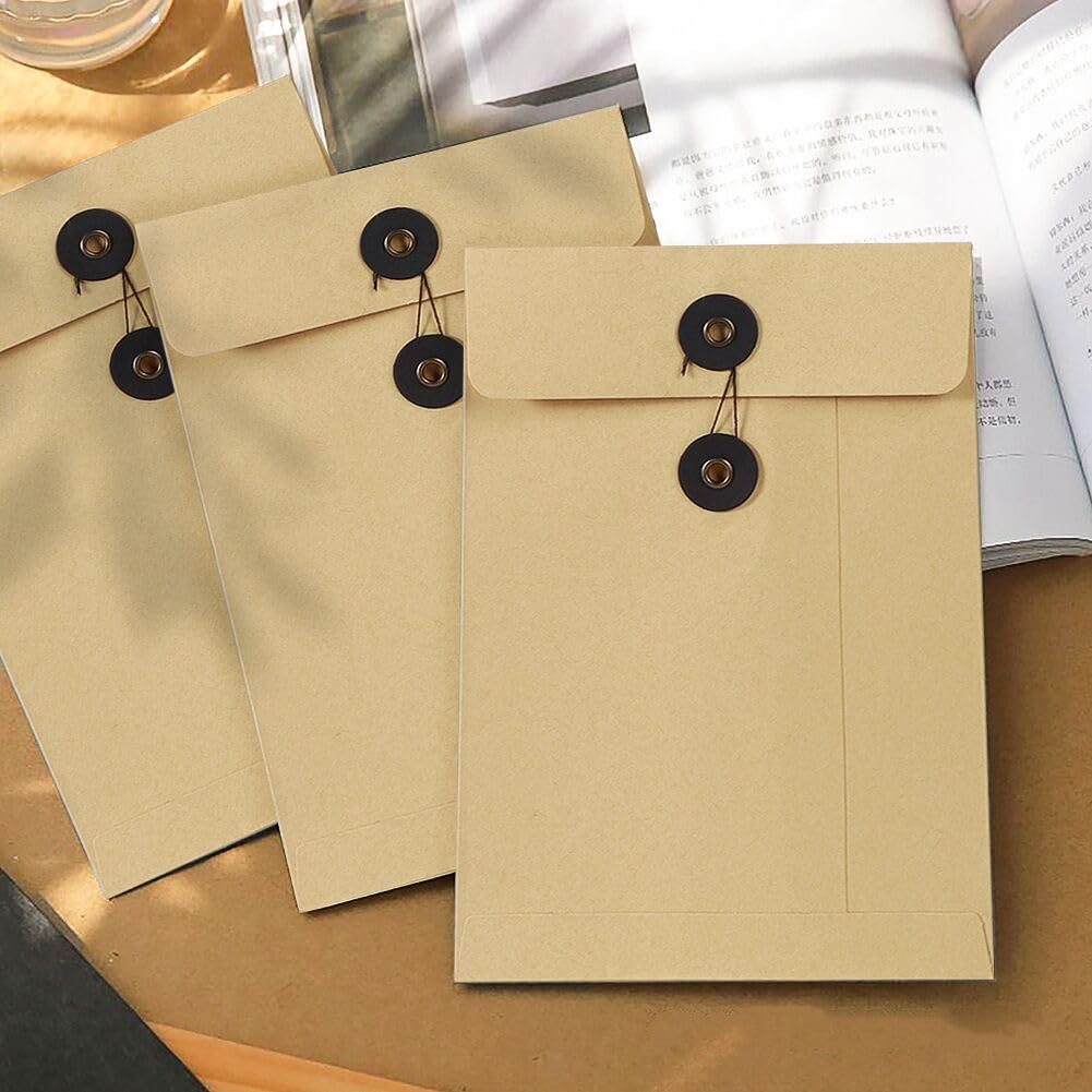 10 Pcs Kraft Paper String Envelope File Folder A5 Size Vertical Document Bill Cards Storage Organizer File Bag with Button String Tie Closure Bag File Folder Project Pockets for School Office