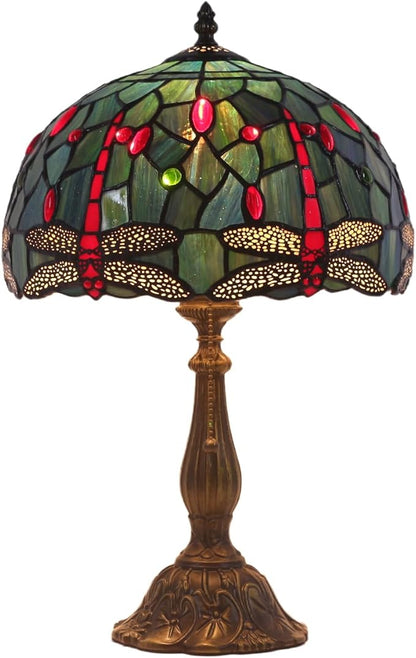 Tiffany Table Lamp Stained Glass Bedside Table Lamp Desk Reading Light 12 Inches Bedroom Living Room Home Office Decor Lamp（Red Dragonfly）