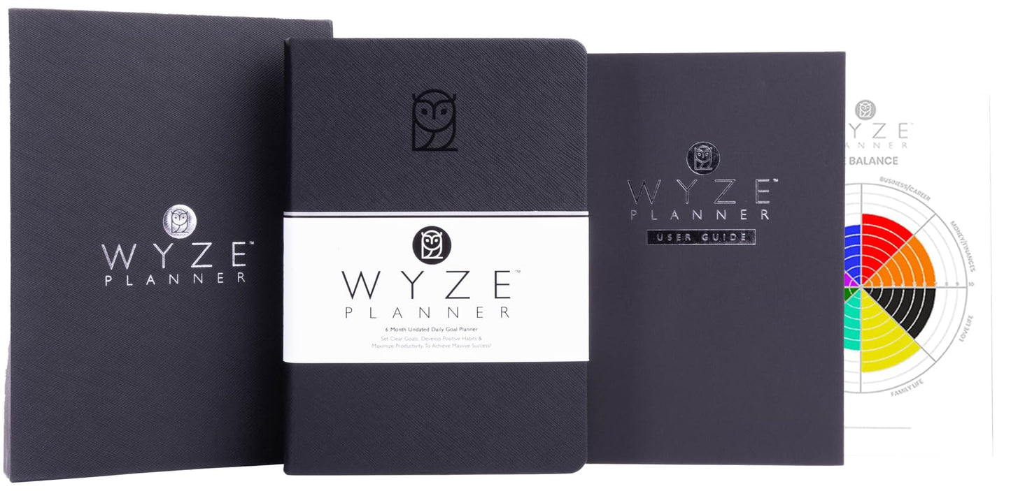 Wyze Planner Undated Daily Planner – 6-Month A5 Productivity Organizer with Full Page Per Day, Hourly Schedule, Goal Setting, Habit Tracker, Weekly & Monthly Pages – Hardcover Time Management Notebook (Black)