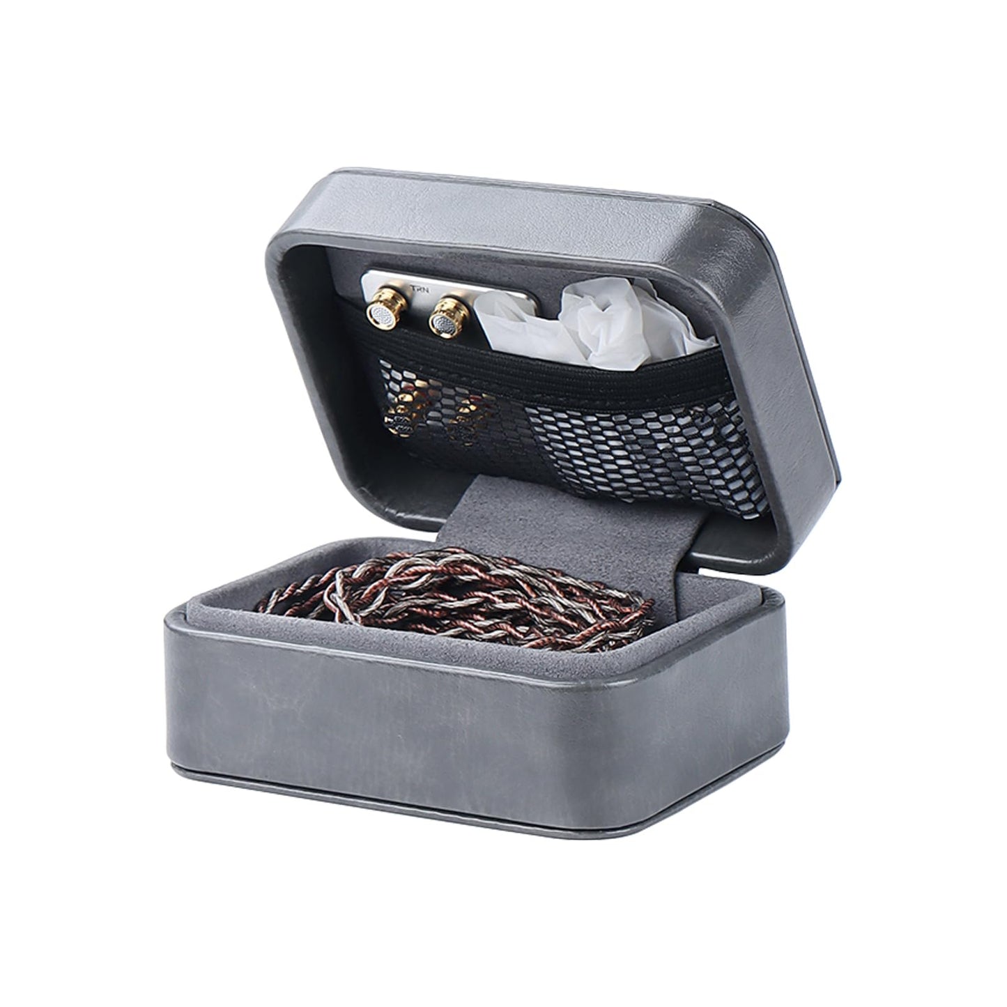 TRN-MAG IEM Earbud Case,PU Leather Wired Earbuds Case with Clip，3.7 * 2.8 * 1.9 in Earphone Case,Earpods Case Gray