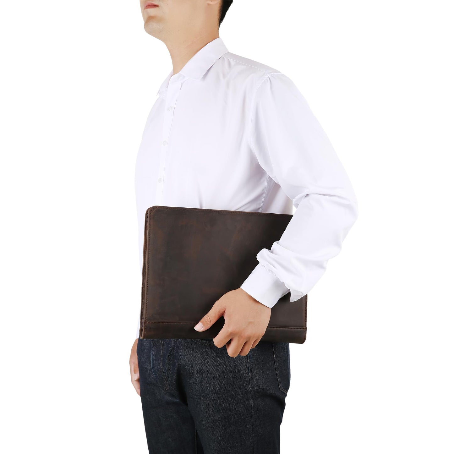 Handmade Genuine Leather Portfolio Organizer for IPad/Document, Business Padfolio with A4 Leather Notepad Holder, Leather Compact Folder Conference Portfolio for Men and Women, Dark Khaki