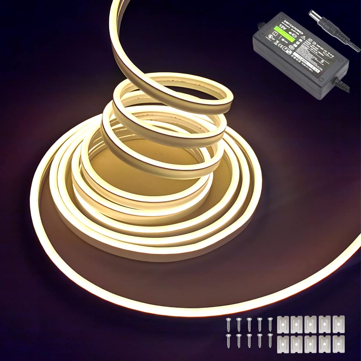 Maxlaxer Warm White Neon LED Strip Lights, 16.4ft 12V Waterproof Flexible Light for Indoor/Outdoor Decoration (Includes Power Adapter)