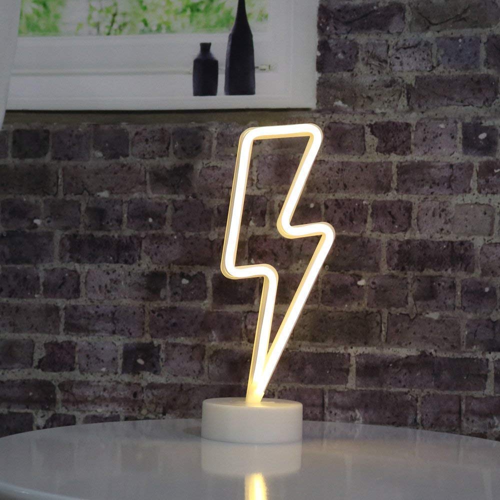 Warm White Lightning Neon Light Signs Lightning LED Lamps Lights Room Decor Battery/USB Operation Night Lights with Base Neon Light up Bar Bedroom Party Christmas