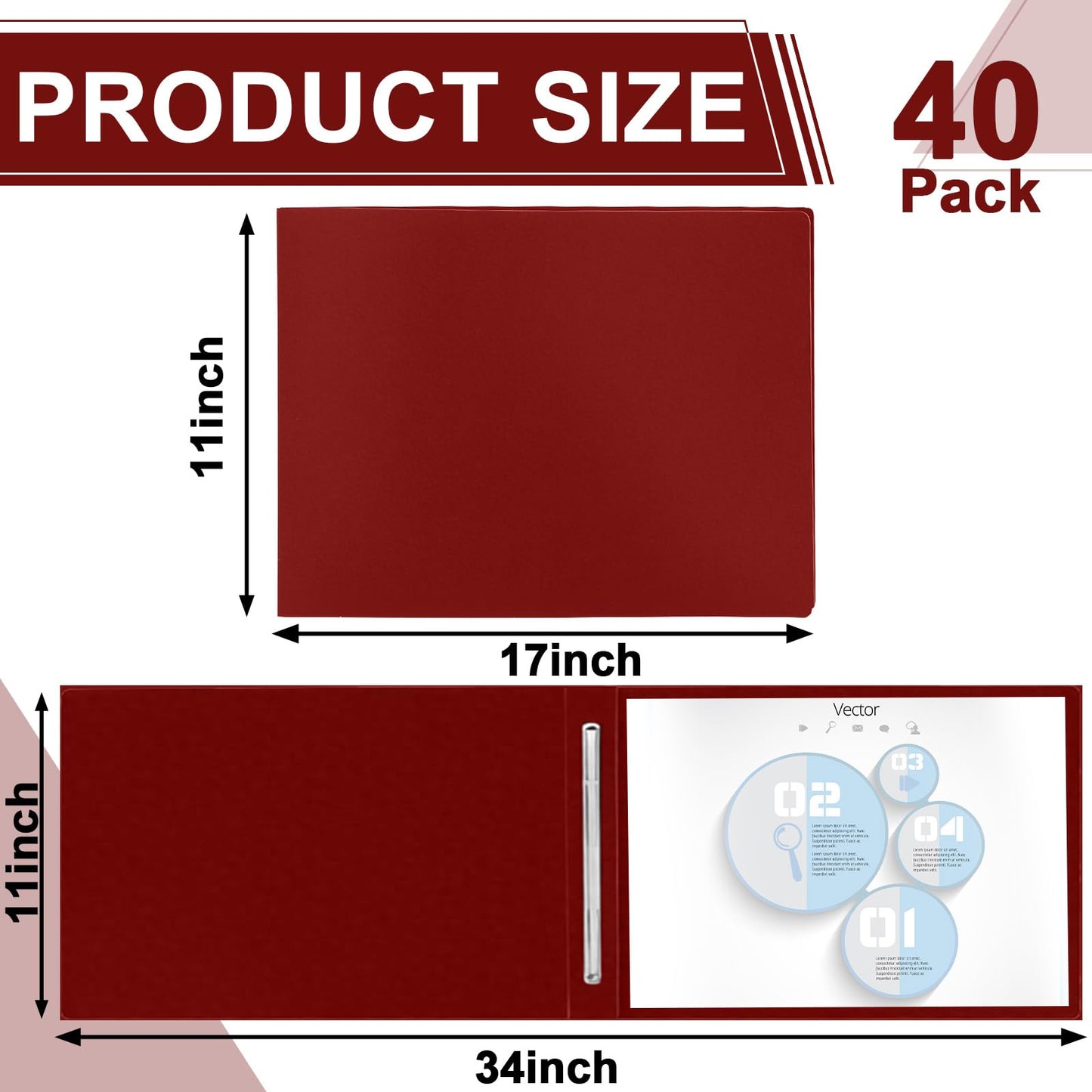 gisgfim 40 Pcs 11'' x 17'' Pressboard Report Cover 3" Capacity Metal Prong Paper Fastener with Compressor Presentation Binder Folder to Neatly Bind Reports Proposals Transcripts Document (Red)