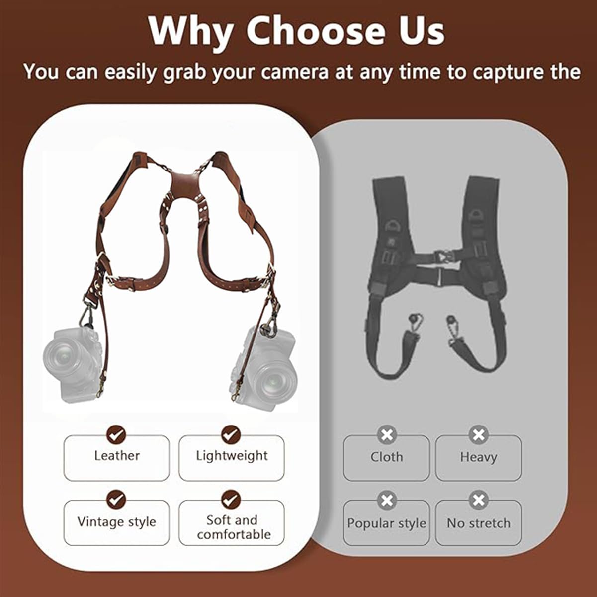 TROUVAILLE Camera Shoulder Strap, Dual Shoulder Leather Harness, Adjustable Leather Rivet Double Harness Shoulder Strap Accessory for DSLR/SLR, Brown