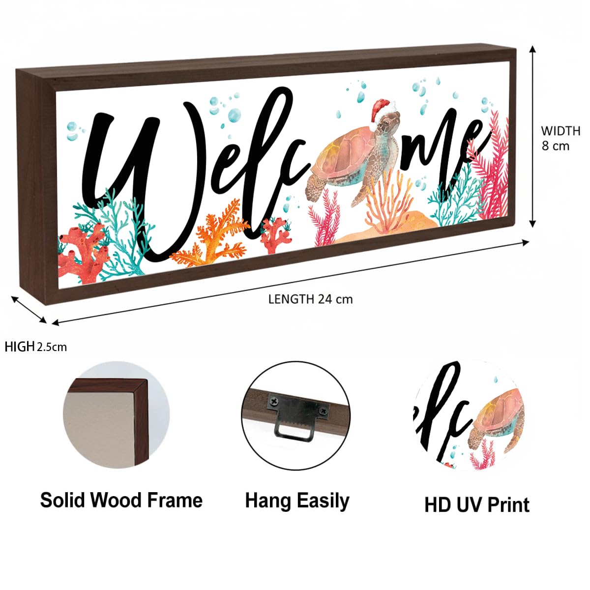 Welcome Wood Home Decor Signs, Welcome Christmas Turtle And Coral Wood Plaque, Christmas Sign, Farmhouse Coastal Beach Ocean Themed Front Porch Door Decor 9.5x3.1 Inches(A53)