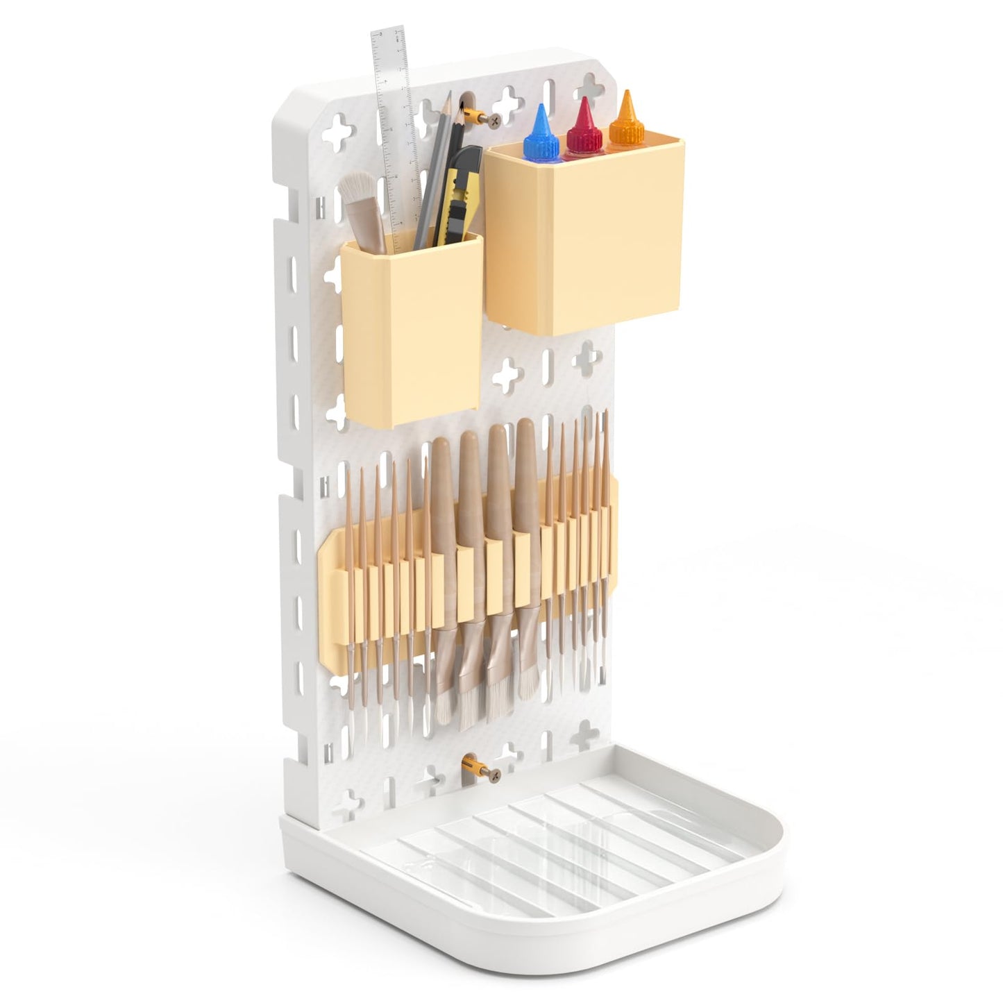 Paint Brush Holder with Drip Tray & Silicone Paint Brush Drying Rack,2 Removable Pegboard Bins for Artist Brush Holder,Paint Brush Stand White Pegboard for Desktop & Wall-Mount for Acrylic Paint Brush
