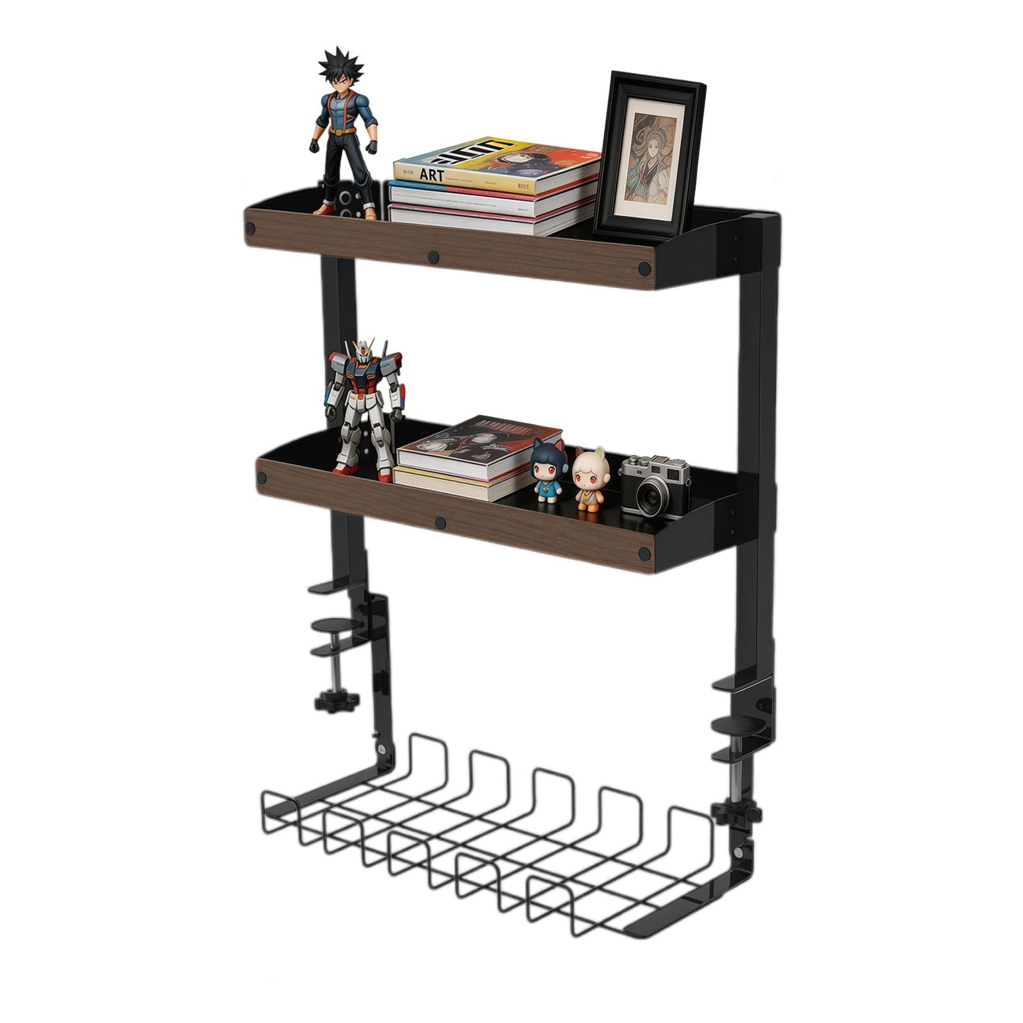 Risirica Clamp on Desk Shelf,17'' 2 Tier Office Desk Shelves Organizer with Under-Desk Hidden Storage Basket,Wood Desktop Supplies Storage Rack for Home Workspace, Study Rooms,Gaming Devices (Black)