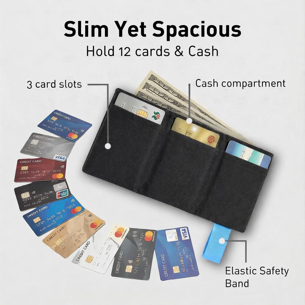 LIGHT FOLD Ultra Slim Tri-Fold Wallet with RFID Blocking, Lightweight Minimalist Men’s Wallet with Elastic Band, Waterproof Durable Nylon Fabric, Slim Front Pocket Card Holder Fits 12 Cards & Cash