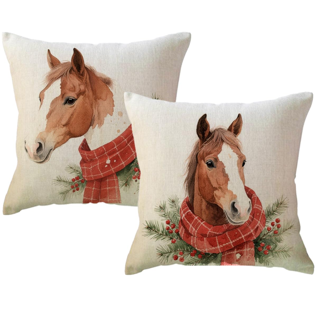 2Pack Christmas Horse Throw Pillowcases with Red Scarf Holly Berries Cushion Cover Winter Holiday Rustic Farmhouse Decorative Pillow Covers 18 x 18 Inches for Seasonal Sofa Couch Porch(Red)