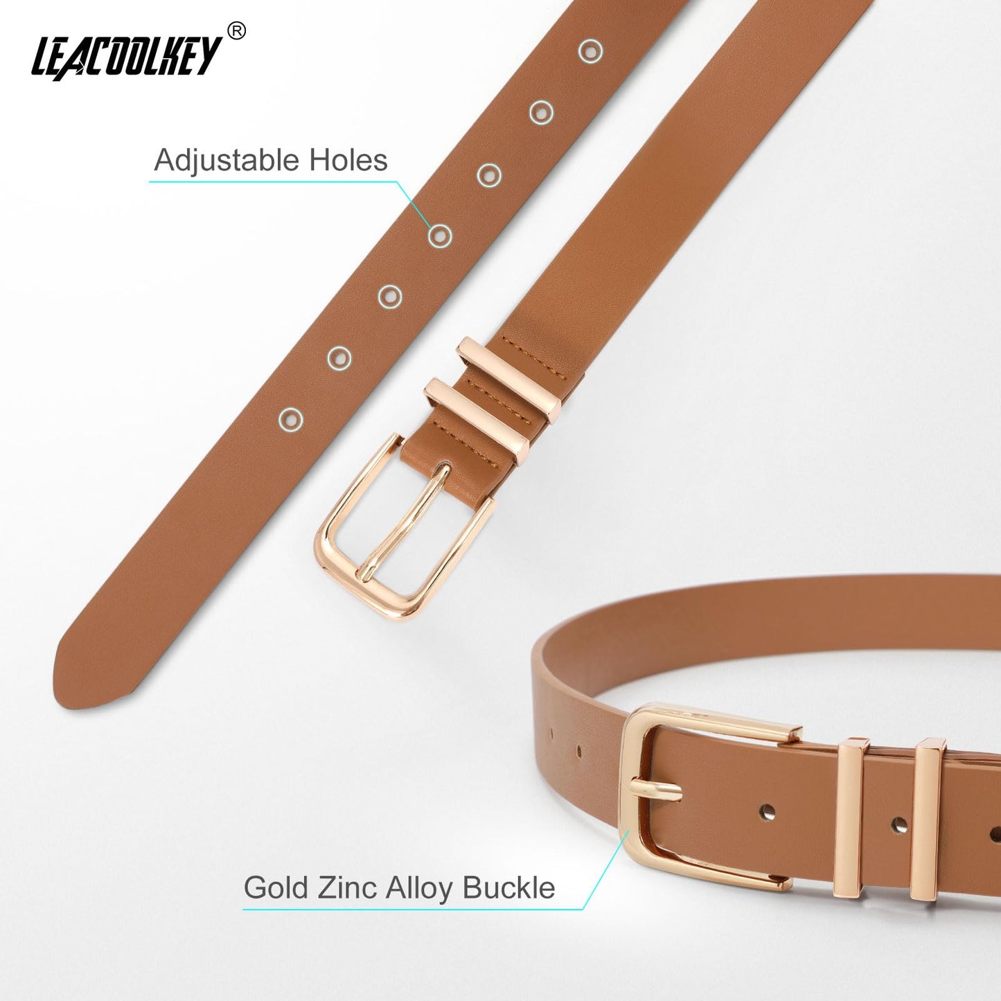 LEACOOLKEY 3 Pack Women's Leather Belts for Jeans Dress Pants Fashion Ladies Leather Belts with Gold Buckle