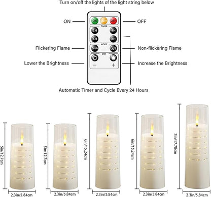 Flameless Candles with Embedded Star String - Flow Flicker Battery LED Candles, Realistic Flame,White Set of 5 | Holiday Decoration, Wedding, Party Adding to The Family Atmosphere