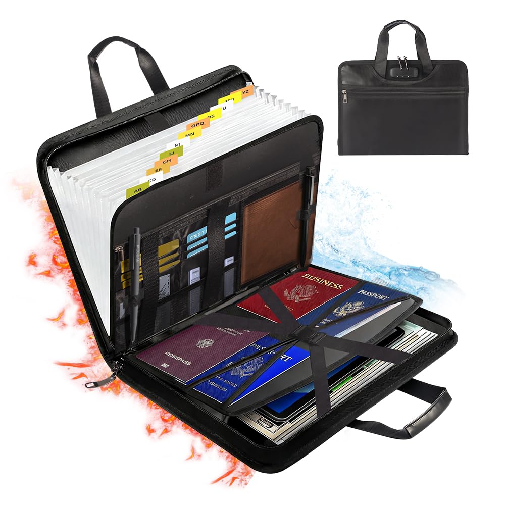 Fireproof Accordion File Organizer, Expanding File Folder with Lock & 13-Pocket, Black Important Document Organizer for Letter A4 Files, Travel Friendly with Luggage Strap