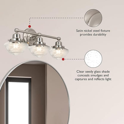 Design House Vintage-Inspired Schoolhouse 3-Light Dimmable Vanity Light, 23.125 in x 7.625 in x 9.5 in, Satin Nickel, Clear Seeded Glass Shades, 589143-SN