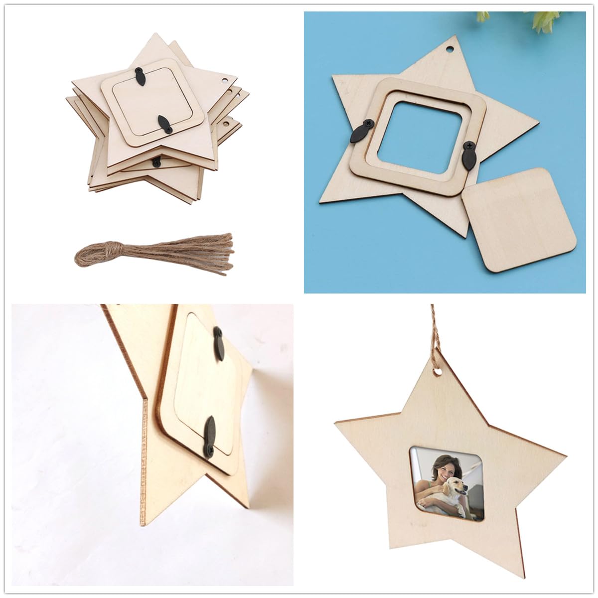 10Pcs Unfinished Wood Picture Frames Star Photo Frame Ornaments Mini Hanging Picture Frames for Crafts, DIY, Home Decoration