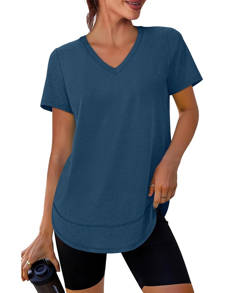 Oversized Tshirts for Women Dry Fit Plus Size Spring Clothes Summer Athletic Tops Workout Shirts V Neck Navy Blue 3XL