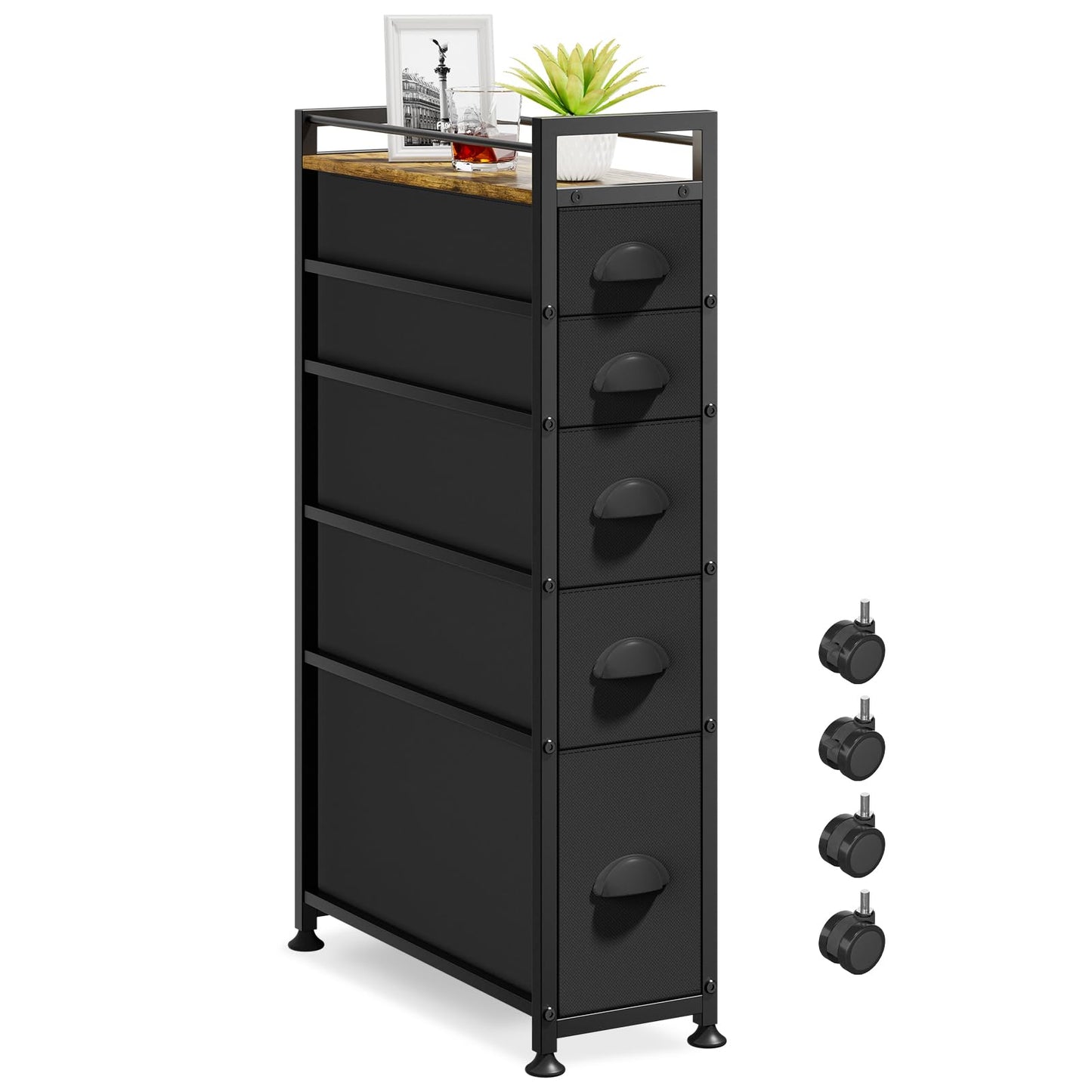 LASZOLA 5 Drawer Narrow Dresser Slim Cabinet Skinny Storage Tower Chest, Ideal for Small Spaces Bathroom, Between Washer and Dryer, Lightweight Mobile on Wheels, Sturdy Fabric Drawers, Black