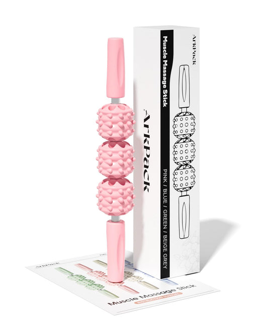 ArkPack Muscle Roller Stick for Legs,11.6IN Physical Massager 3-Balls Massage Roller Stick Trigger Point Massage Fascia Roller for Leg Calf Abdominal Neck Arms Relieve Muscle Soreness-Pink