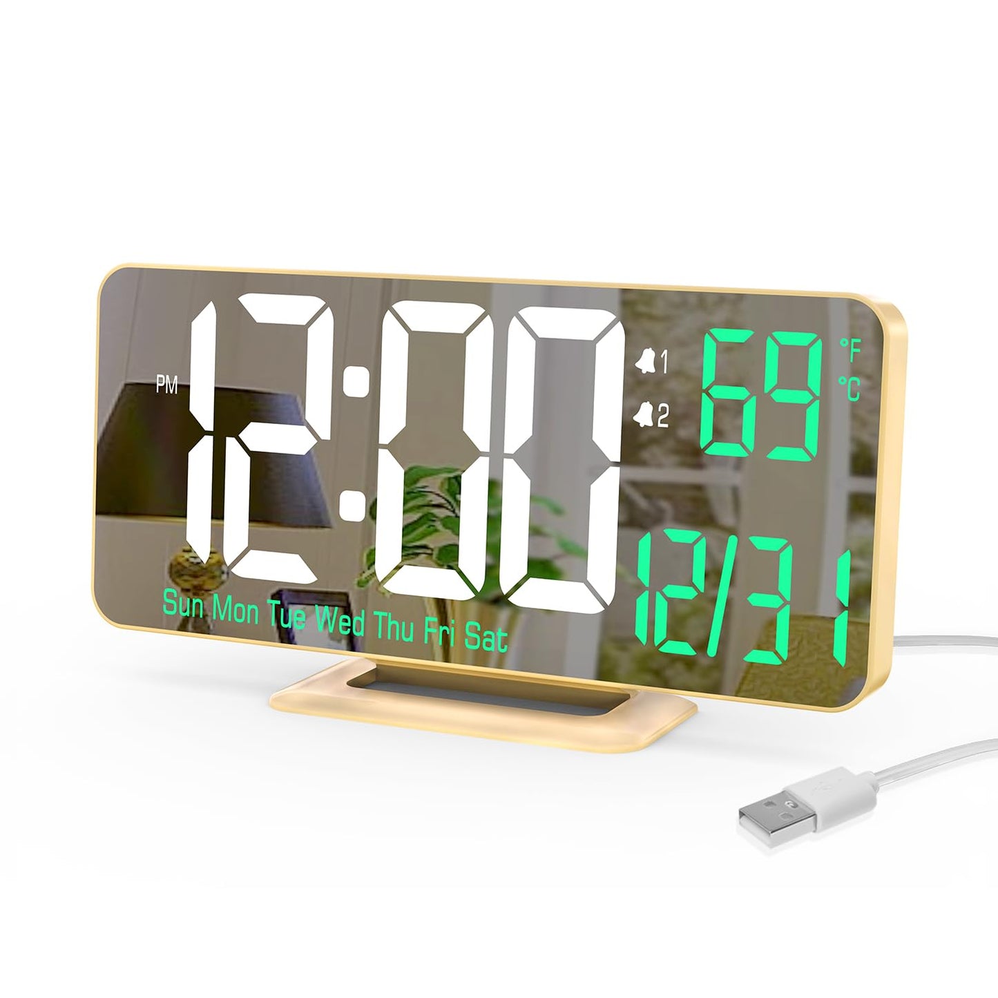 KOSUMOSU Desk Clock for Bedroom Accessories 6.7in Gold Digital Alarm Clock with Dimming,12/24h, Date, Day of Week, Temp, LED Clock, Modern Digital Calendar Clocks for Living Room Essentials