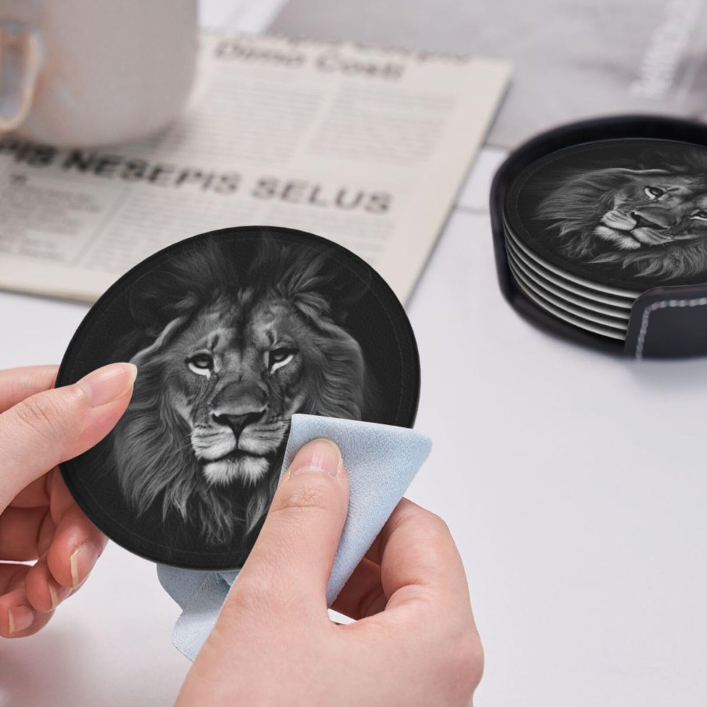 Famame 6 Pcs 3D Black Lion Leather Coasters for Drinks with Holder Coaster Sets Drink Table Cup Coasters for Living Room Kitchen Coffee Decor