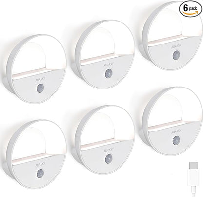 Rechargeable Motion Sensor Night Light, Battery Night Lights LED Cool White Magnetic Stick-on Motion Sensored Hallway Light, with Dusk to Dawn Sensor for Stair, Wall, Bedroom, Bathroom(6 Pack)
