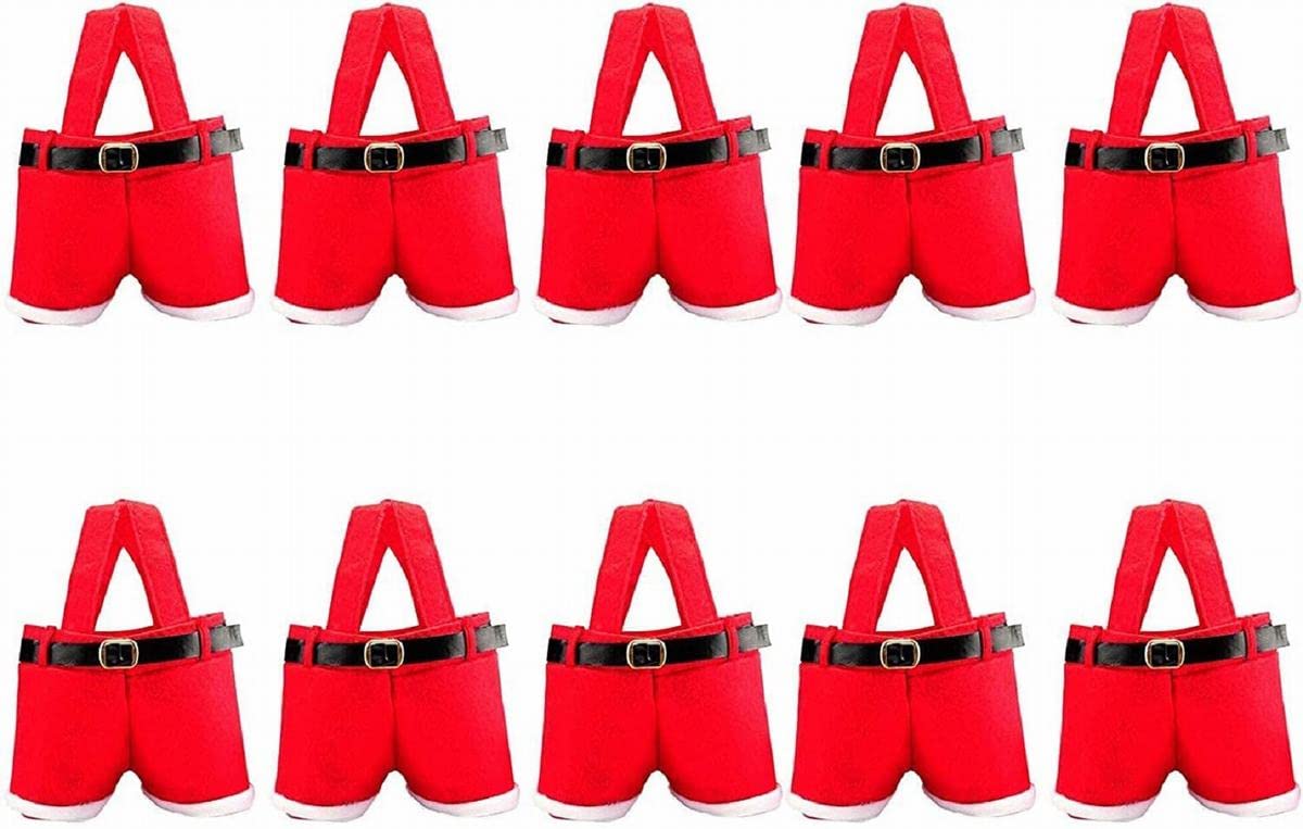 Homecube 10Pcs Christmas Candy Bag Santa Pants Gift and Treat Bags with Handle Portable Candy Gift Baskets Gift Wrap for Wedding(7" L x 8.5" H)