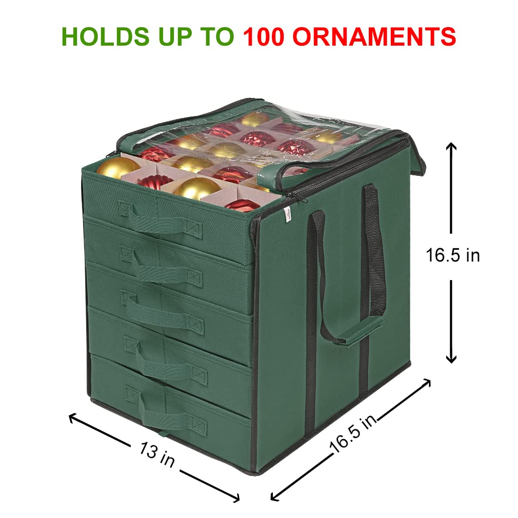 ProPik Christmas Ornament Storage Boxes with Dividers - 5 Separate Trays - Ornament Holder - Keeps 100 Holiday Ornaments - Durable Carrying Bag Handles Organizer Storage Box (Green)