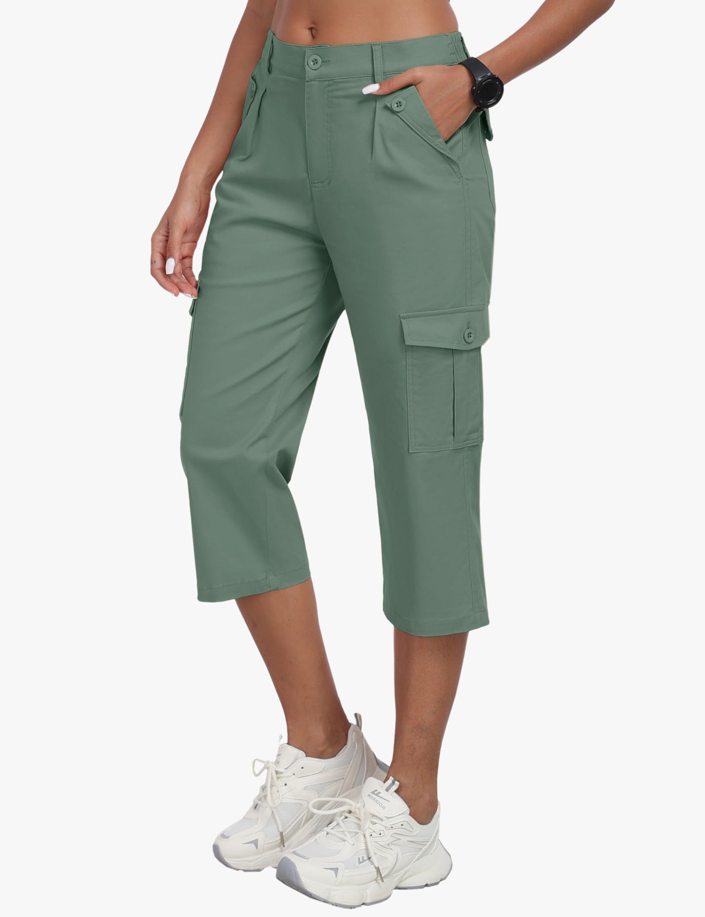 MoFiz Women's Cargo Capris Hiking Pants Summer Outdoor Travel Casual Capri Pants for Women with 6 Pockets Grey Green XL