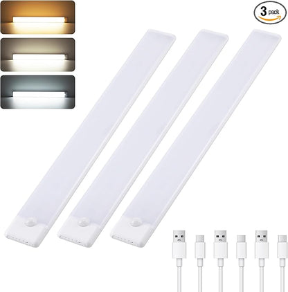 Wireless Under Cabinet Lighting 12 Inch 3 Pack, Magnetic Motion Sensor Light Indoor USB C Rechargeable Closet Lights, 3 Color Dimmable LED Night Light Stick on Under Counter Lights for Kitchen Stairs