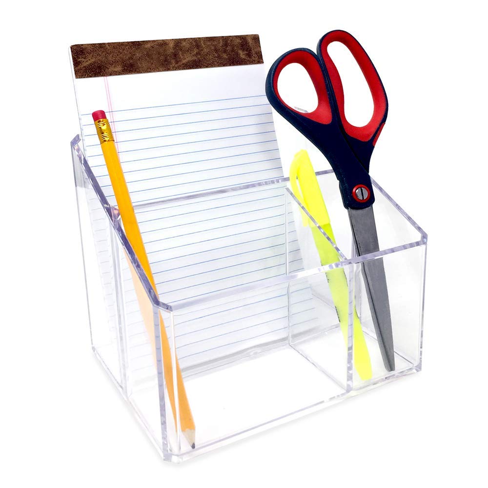 Isaac Jacobs Clear Acrylic 3-Compartment Organizer, Remote Holder & Multi-Functional Makeup, Brush, Pen & Pencil Storage Solution, for The Home, Bathroom, Office, Child’s Desk (3-Section, Clear)