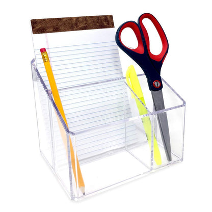 Isaac Jacobs Clear Acrylic 3-Compartment Organizer, Remote Holder & Multi-Functional Makeup, Brush, Pen & Pencil Storage Solution, for The Home, Bathroom, Office, Child’s Desk (3-Section, Clear)