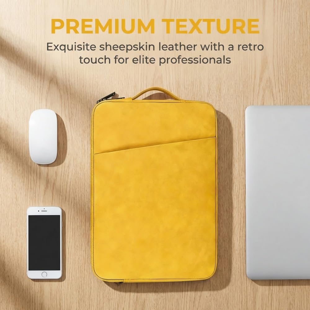 PU Leather Laptop Sleeve 14 inch, Slim Laptop Carrying Case Bag Computer Sleeve Cover Compatible with MacBook Air/Pro, HP, Dell, Lenovo, Asus(Yellow)