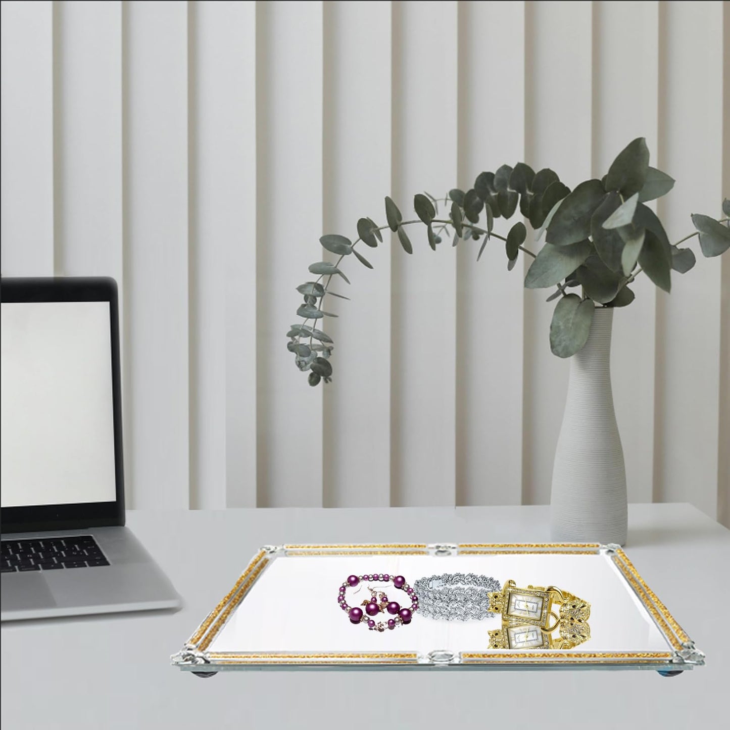 Large Gold and Glass Tray, 15.7" x 11.8" Crushed Diamond Mirror Perfume Makeup Display Tray, Noble Jewelry Trinket Cosmetics Crystal Makeup Organizer for Home Decor,Banquet Party (Golden)