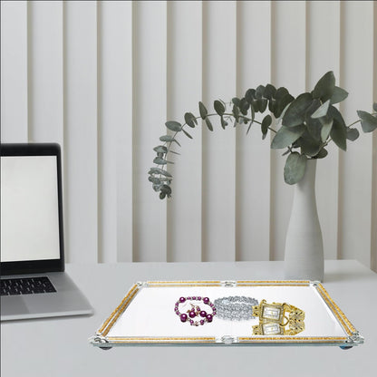 Large Gold and Glass Tray, 15.7" x 11.8" Crushed Diamond Mirror Perfume Makeup Display Tray, Noble Jewelry Trinket Cosmetics Crystal Makeup Organizer for Home Decor,Banquet Party (Golden)
